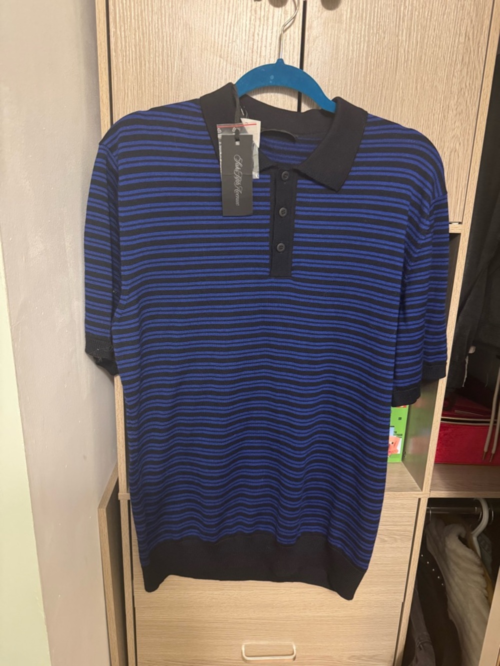 Saks Fifth Avenue Merino Wool Polo L Blue Black Italy NWT ✨